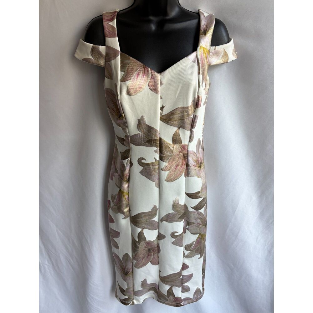 EnFocus White Rose Gold Floral Midi Cocktail Dress Size 6 Feminine Romantic Cute